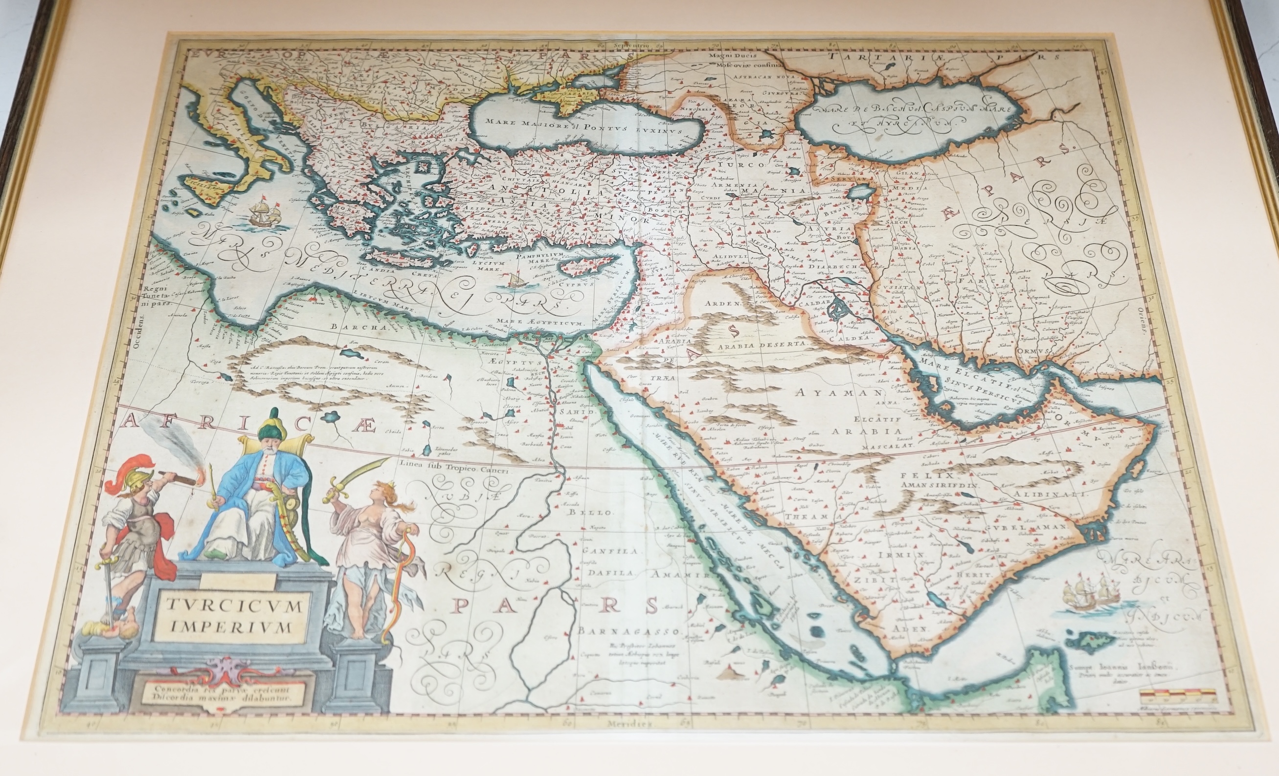 After Jan Jansson (1588-1664), hand coloured engraved map of The Turkish Empire, 41 x 52cm. Condition - fair, crease to centre, some browning and light foxing